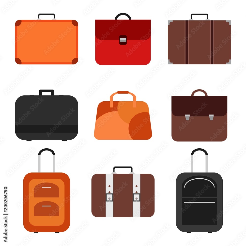 Handle bags and travel suitcases in flat style. Set of colored luggage and suitcase, baggage and bag for trip and tourism isolated on white background. Vector illustration Handle bags and travel suitcases in flat style. Set of colored luggage and suitcase, baggage and bag for trip and tourism isolated on white background. Vector illustration