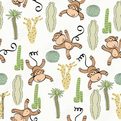 Vector hand drawn seamless pattern with cactuses and monkeys