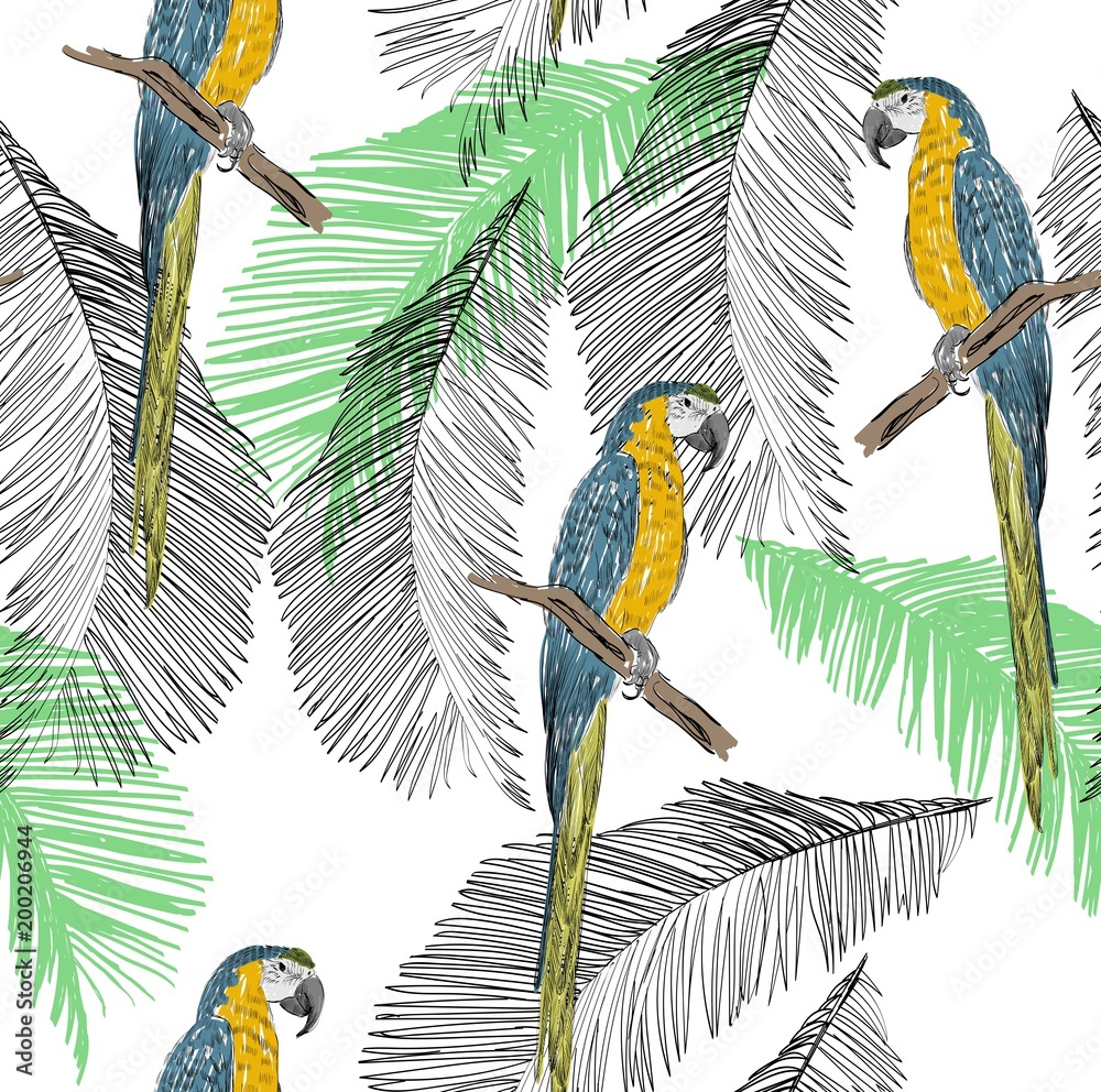 Obraz premium Tropical seamless vector pattern with parrot and leaves.