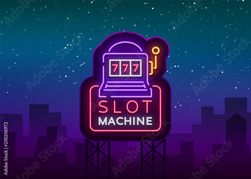 Slot machine logo in neon style. Neon sign, bright luminous banner, night billboard, bright nightly advertising of casinos, gaming machines and gambling for your projects. Vector illustration