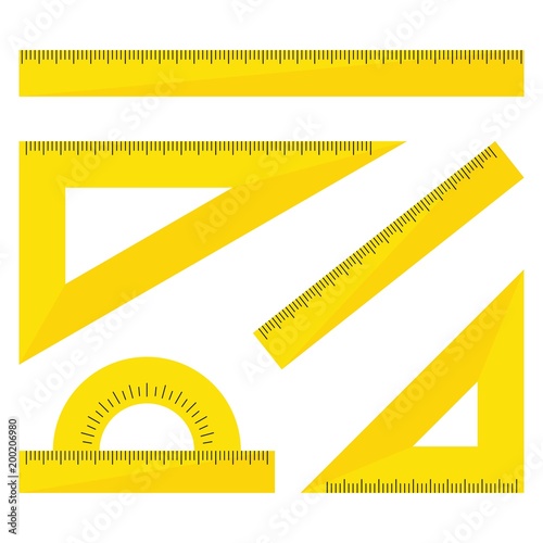 Set of yellow plastic rulers isolated on white background. Ruler, triangle ruler, protractor for school and business. Vector Illustration