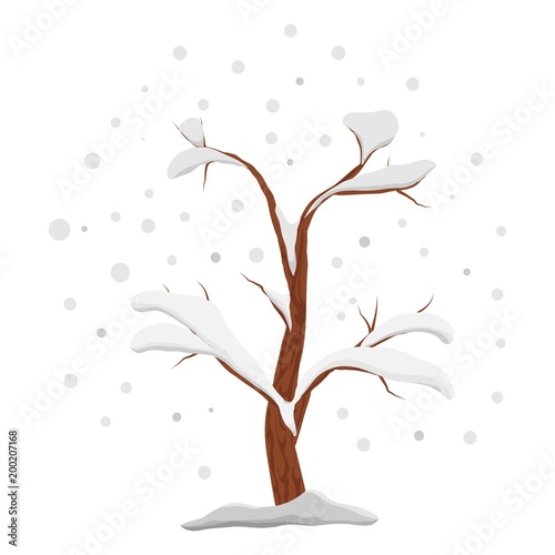 Bare winter tree in the snow. Hollow tree in winter isolated on white background. Vector Illustration