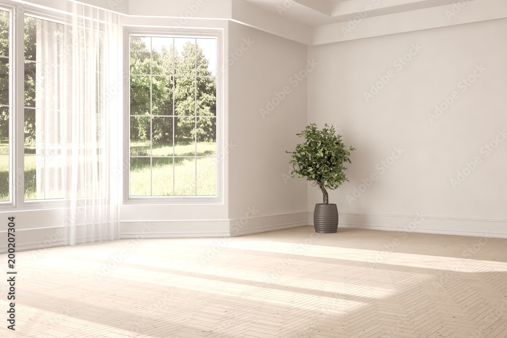Fototapeta premium White empty room with summer landscape in window. Scandinavian interior design. 3D illustration