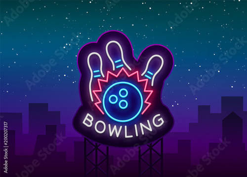 Bowling logo vector. Neon sign, symbol, bright banner advertising bright night bowling, luminous neon billboard. Design a template for the Bowling Club logo. Vector illustration