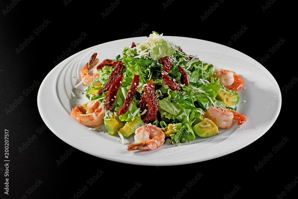 Shrimp and avocado salad and parsley. Low fat healthy eating concept. Shrimp and avocado salad and parsley. Low fat healthy eating concept.
