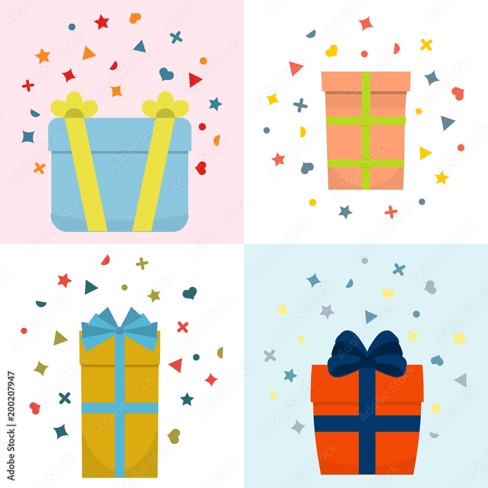 Set of four vector illustration with beautiful cardboards and paper gift boxes with lids and ribbons. 

