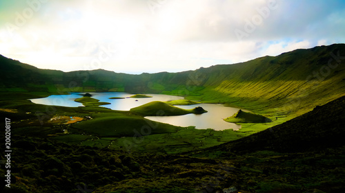 Landscape sunset view to Caldeirao crater  Corvo island  Azores Portugal