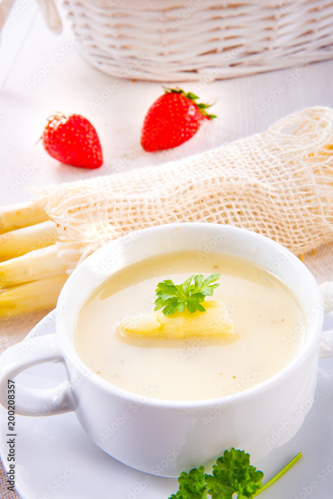 asparagus cream soup with capers and fresh baguette asparagus cream soup with capers and fresh baguette