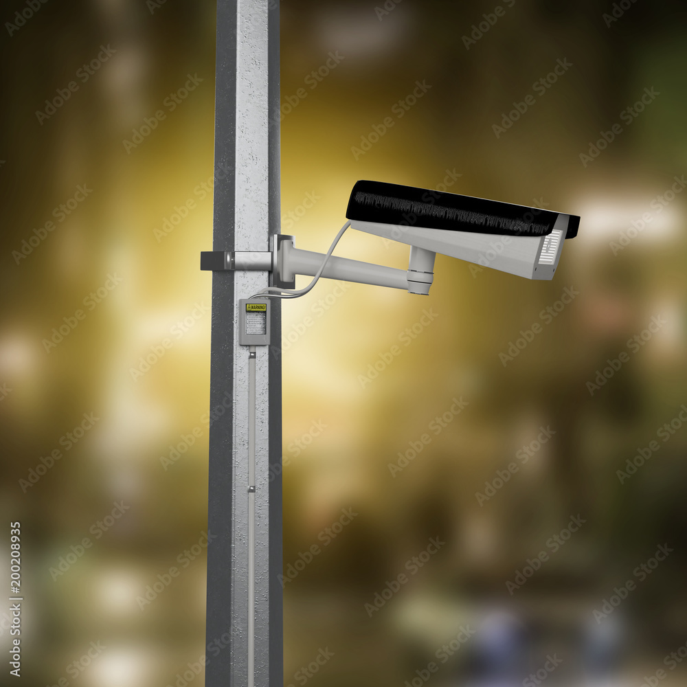 Street security cctv camera filming a night city - 3d rendering Street security cctv camera filming a night city - 3d rendering