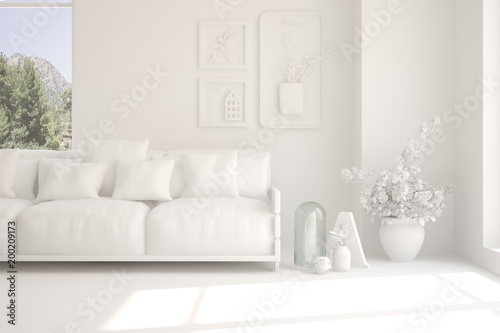 White room with sofa and green landscape in window. Scandinavian interior design. 3D illustration