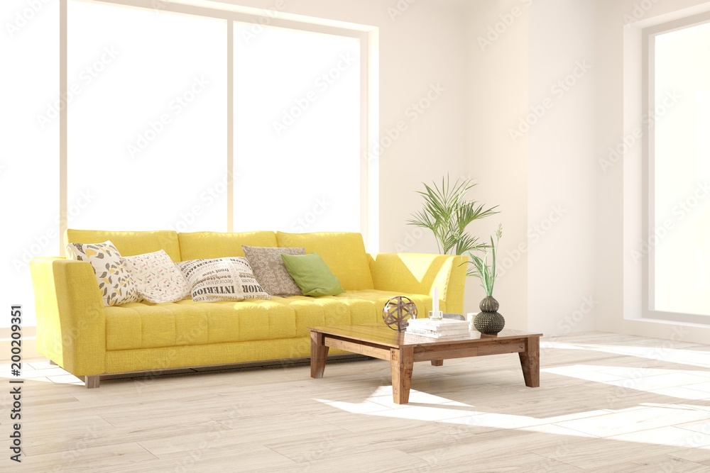 Idea of white minimalist room with yellow sofa. Scandinavian interior design. 3D illustration Idea of white minimalist room with yellow sofa. Scandinavian interior design. 3D illustration