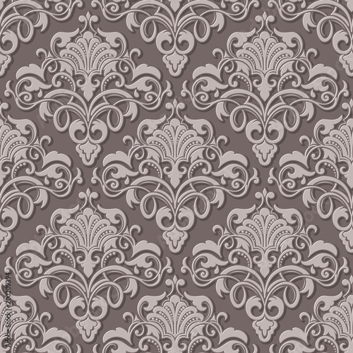 Vector volumetric damask seamless pattern background. Elegant luxury embossed texture for wallpapers  backgrounds and page fill. 3D elements with shadows and highlights.