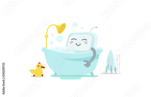 Emoji sticker robot is taking bathin in the bathroom. Very cute picture rest, exfoliation foam shampoo. Break for rest. Flat color vector illustration photo
