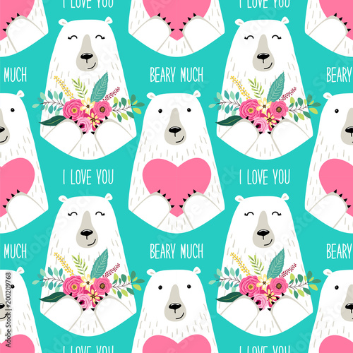 Fototapeta Cute childish seamless pattern with cartoon characters of mama bear and papa bea