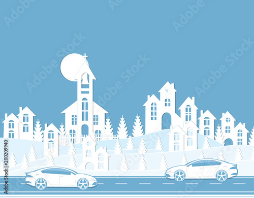 Graphic illustration of a cityscape. Houses, cars, road. Cut from paper. © lily_studio