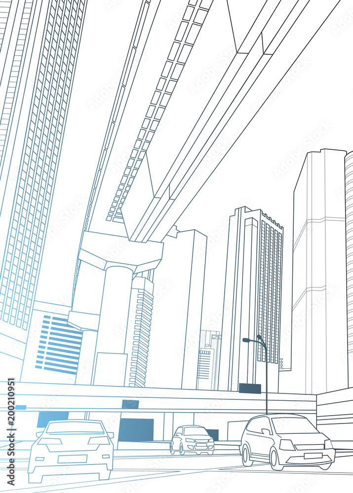 Modern City View With Skyscrapers And Cars On Road Thin Line Design Over White Background Vector Illustration
