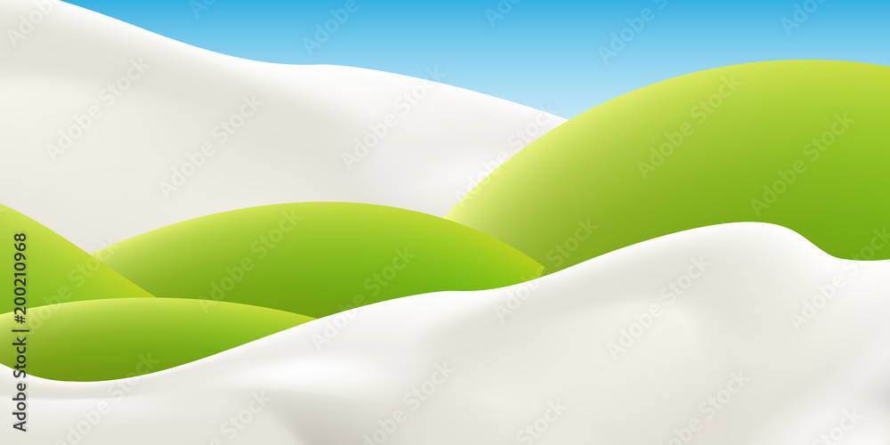 Milk splash advertising poster. Vector mock-up of pouring milk realistic illustration for label ads design