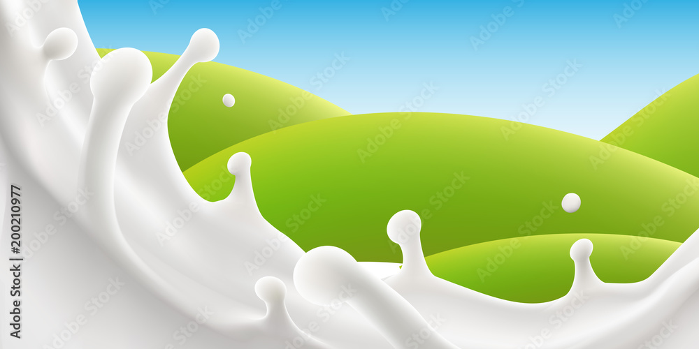 Milk splash advertising poster. Vector mock-up of pouring milk realistic illustration for label ads design