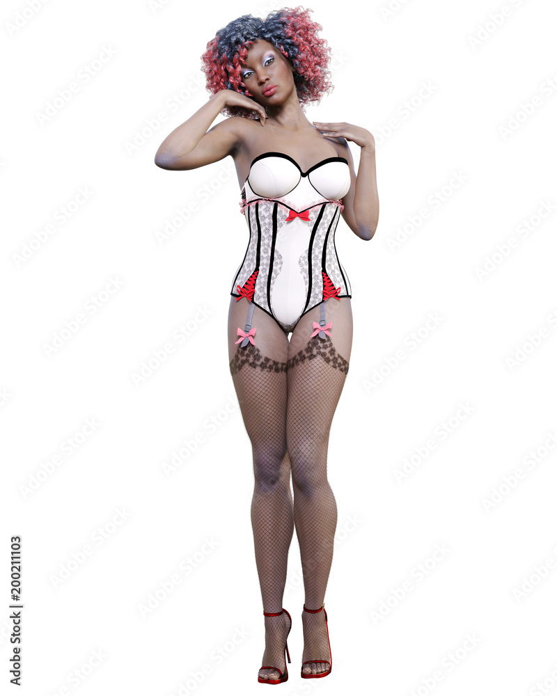 Tall sexy woman white corset and dark stockings garters.Burlesque show.Girl magnificent voluptuous shapes.Conceptual fashion art.Seductive candid pose.Realistic 3D render illustration.Studio Tall sexy woman white corset and dark stockings garters.Burlesque show.Girl magnificent voluptuous shapes.Conceptual fashion art.Seductive candid pose.Realistic 3D render illustration.Studio