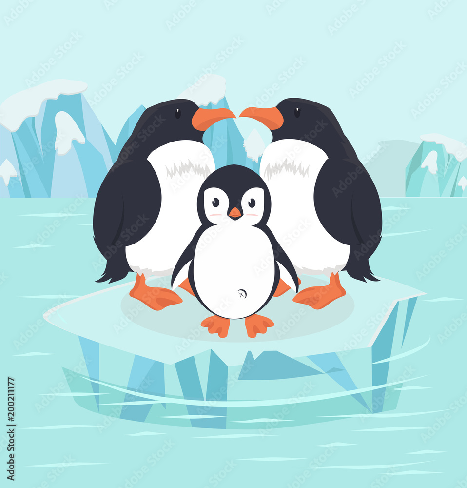 Naklejka premium Penguin bird and baby in North pole Arctic