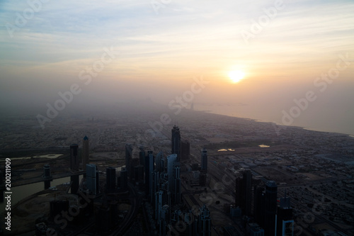 Panorama sunset view to Dubai skyscrapers, UAE