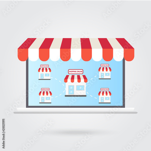 flat style internet multivendor store on laptop computer with multi vendor stores
