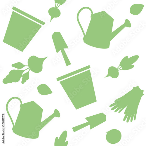 background of garden tools and objects, texture that consists of a bucket, scapula, radish, beet, vegetables, gloves, watering can, vector flat pattern for a farm