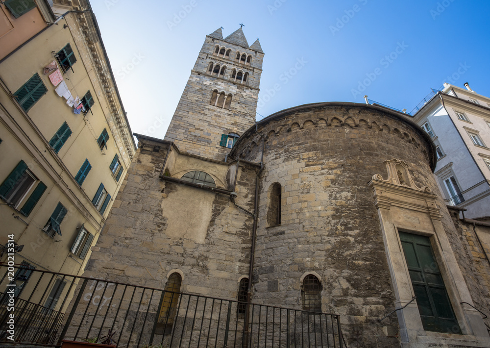 GENOA, ITALY, APRIL 5, 2018 - The apse and the bell tower of the Convent of San Giovanni di Prè (La Commenda) inside the historic centre of city of Genoa, Italy.