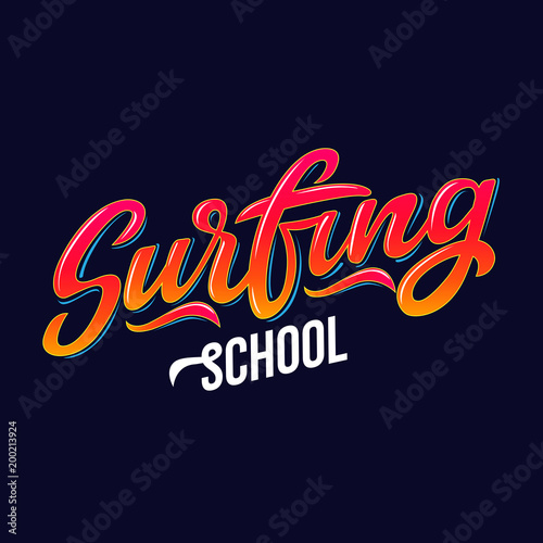 Surfing school text for logotype, wear, sports camp, trip, banner, surf station. Hand lettering in vintage graffitti style. Vector illustration.