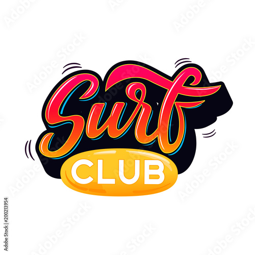 Surf club text for logotype, wear, sports camp, trip, banner, surf station. Hand lettering in vintage graffitti style. Vector illustration.
