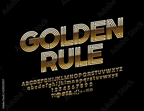 Vector Rotated text Golden Rule. Chic glossy Font. Abstract geometric Alphabet Letters, Numbers and Punctuation Symbols