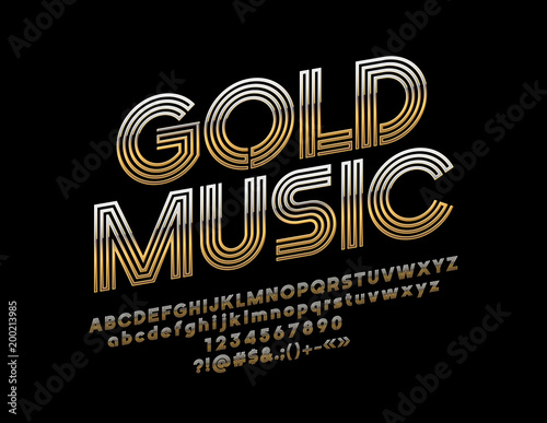 Vector logo Gold Music with Font. Abstract pattern luxury Alphabet Letters, Numbers and Symbols
