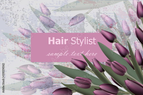 Business card with tulip flowers Vector. Realistic floral decor backgrounds