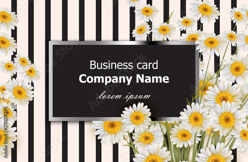 Business card with chamomile flowers Vector. Realistic floral decor backgrounds