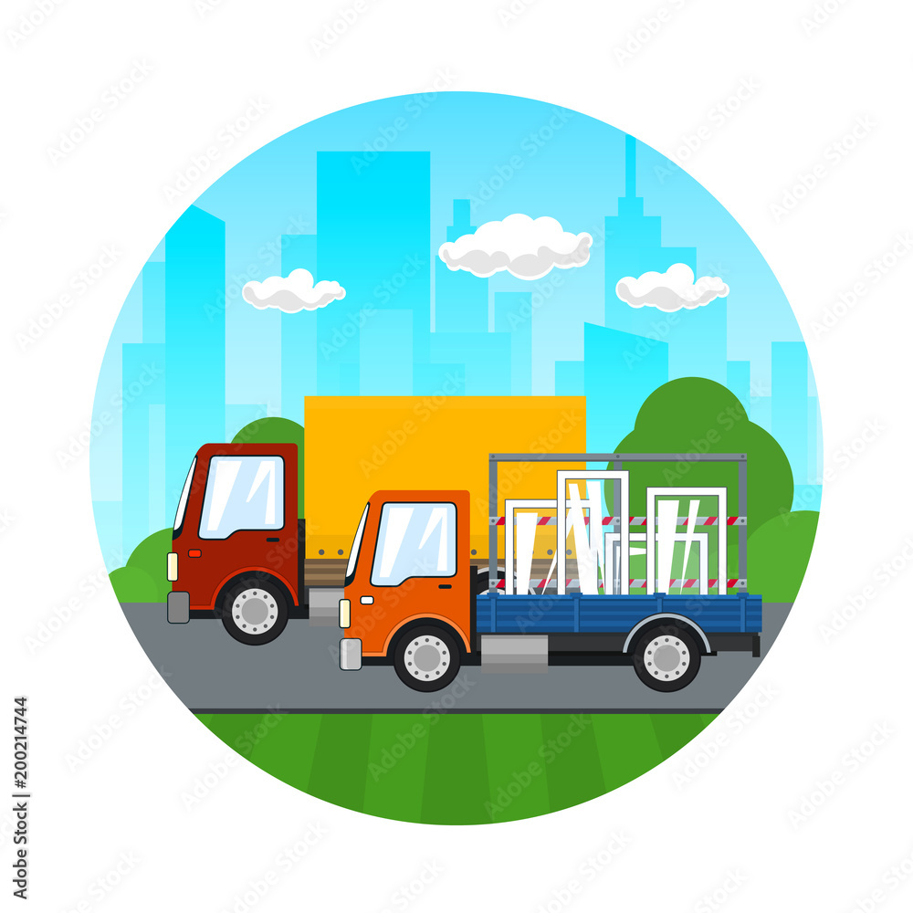 Fototapeta premium Icon of Road Transport and Logistics, Small Covered Truck and Cargo Van with Windows Drive on the Road on the Background of the City, Transport Services, Vector Illustration