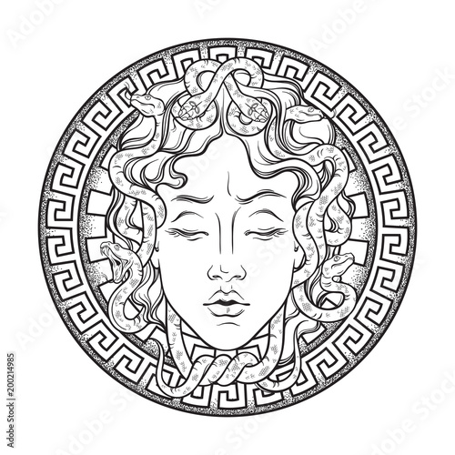 Medusa Gorgon head on a shield hand drawn line art and dot work tattoo or print design isolated vector illustration. Gorgoneion is a protective amulet.