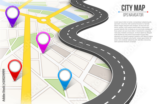 Creative vector illustration of map city. Street road infographic navigation with GPS pin markers and pointers. Art design. City route and infrastructure. Abstract concept graphic element. photo