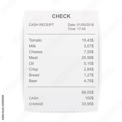 Creative vector illustration of sales printed receipt. Art design bill atm check. Abstract concept graphic financial element. Isolated on background mockup document list