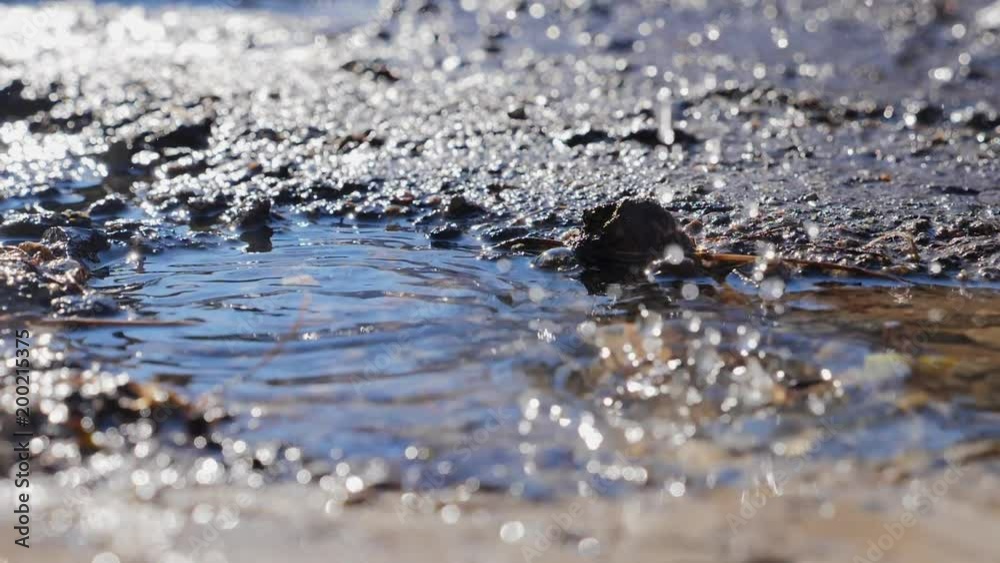 Slow motion shot of water dripping into puddle Slow motion shot of water dripping into puddle
