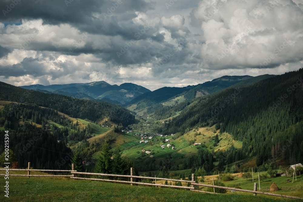 Ordinary mountain village in Carpathians in Fall