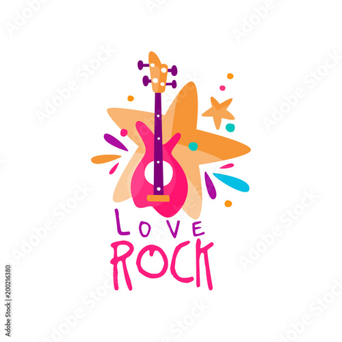 Original music logo template with electric guitar and stars. Vector emblem for rock festival, musical instrument store, record studio