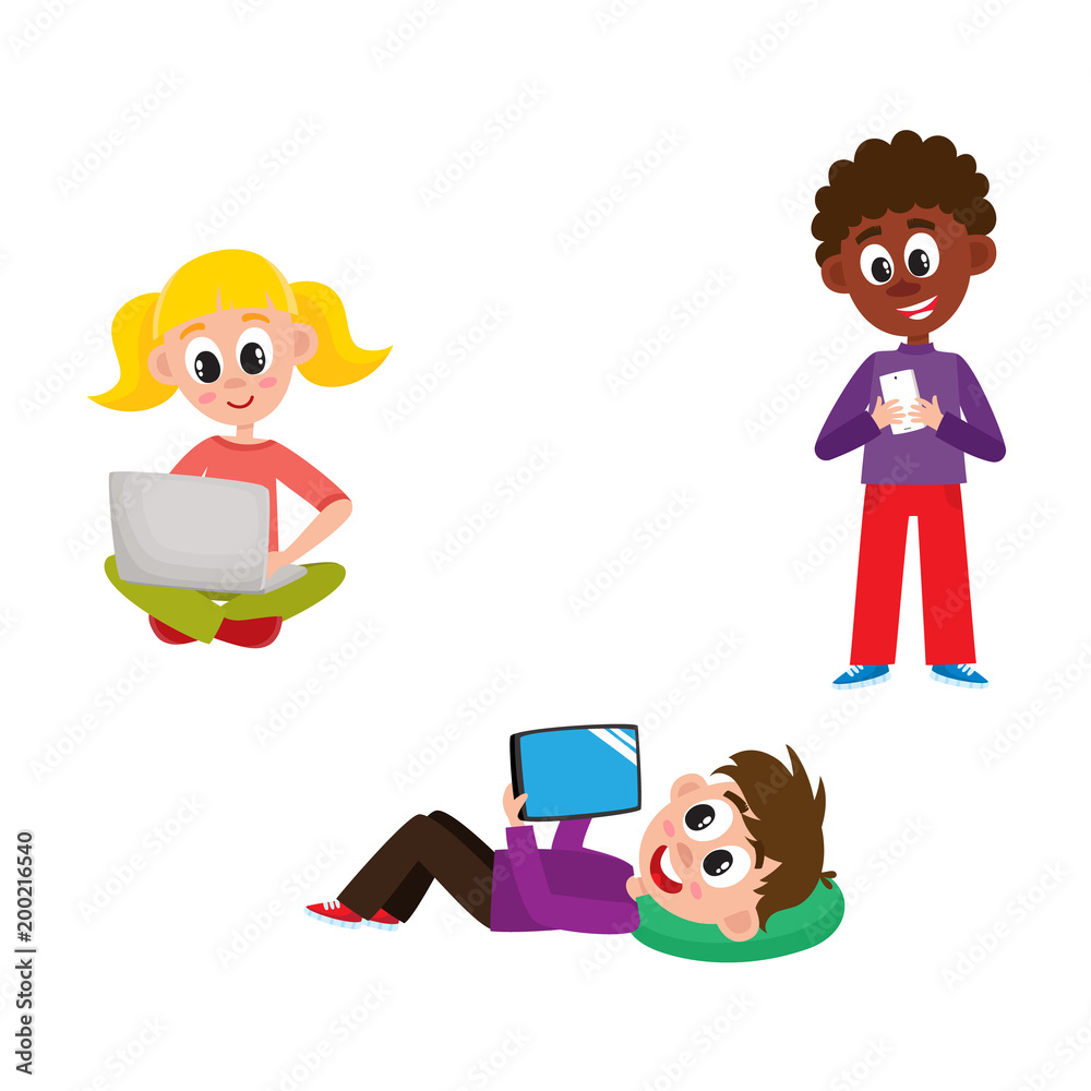 Children with hi-tech gadgets set - little kids with laptop, mobile phone  and tablet isolated on white background. Colorful cartoon characters with  modern technology devices, vector illustration. Stock Vector | Adobe Stock