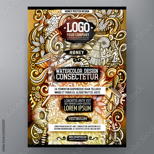 Cartoon watercolor hand drawn doodles Honey poster design template