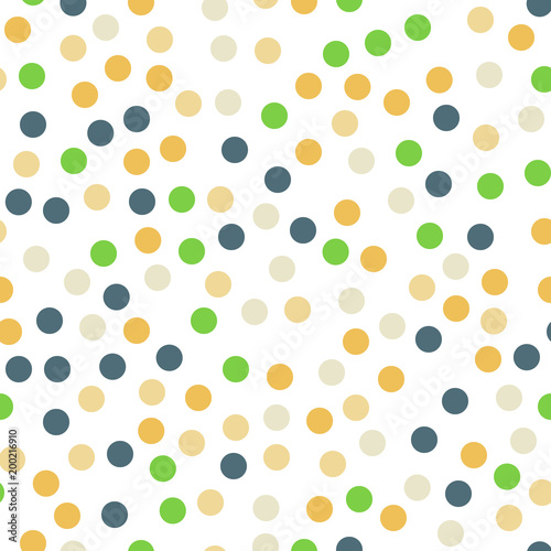 Fototapeta Naklejka Na Ścianę i Meble -  Colorful polka dots seamless pattern on white 13 background. Shapely classic colorful polka dots textile pattern. Seamless scattered confetti fall chaotic decor. Abstract vector illustration.