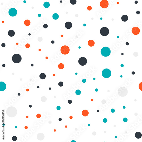 Colorful polka dots seamless pattern on black 17 background. Cute classic colorful polka dots textile pattern. Seamless scattered confetti fall chaotic decor. Abstract vector illustration.