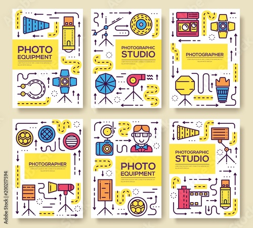 Thin line Equipment of the photographer brochure cards set. Photo studio items template of flyear, magazine, poster, book cover, banners.  Camera invitation concept background. Outline Layout page.
