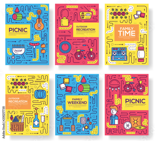 Thin line grill and cooking food brochure card set. During the picnic in nature template of flyear, magazines, poster, book cover, banners. Outline people cooking invitation concept.