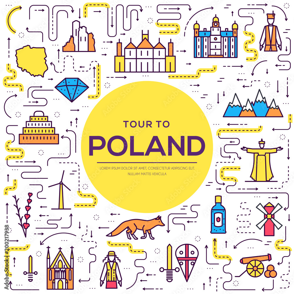 Country thin line Poland travel vacation guide of goods, places and features. Set of architecture, fashion, people, items, nature background concept. Outline template design on flat style