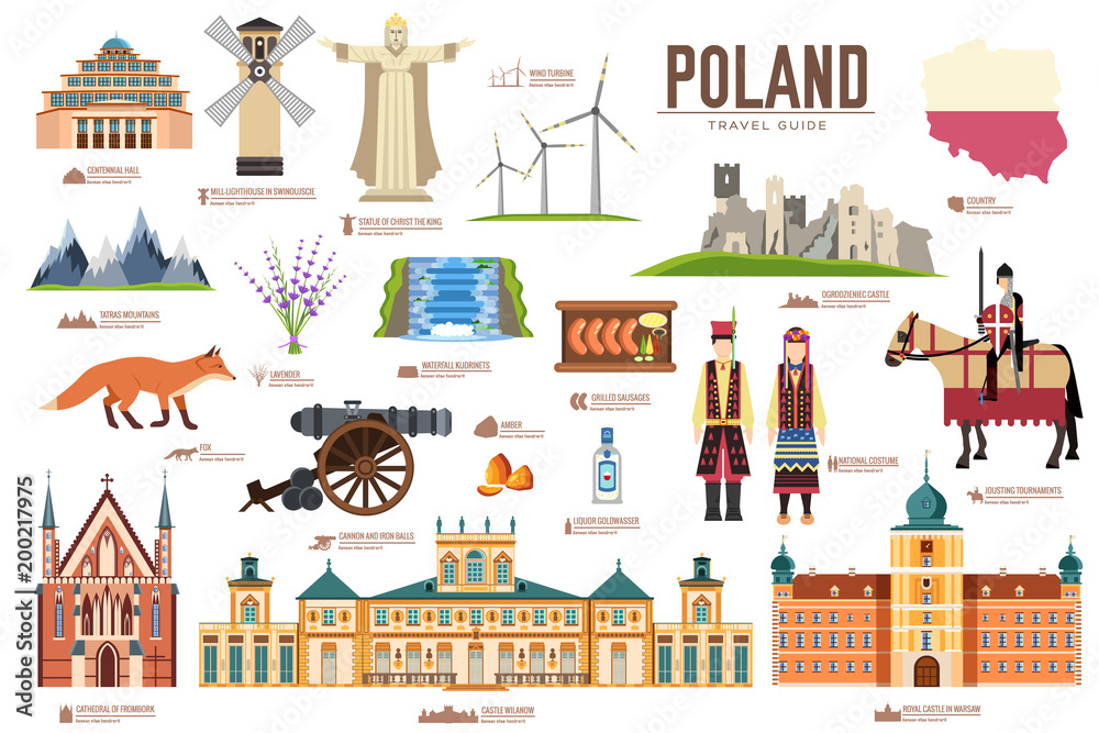 Country Poland travel vacation guide of goods, places and features. Set of architecture, fashion, people, items, nature background concept. Infographic template design on flat style