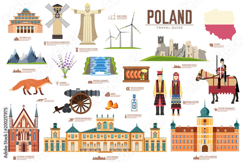 Country Poland travel vacation guide of goods  places and features. Set of architecture  fashion  people  items  nature background concept. Infographic template design on flat style
